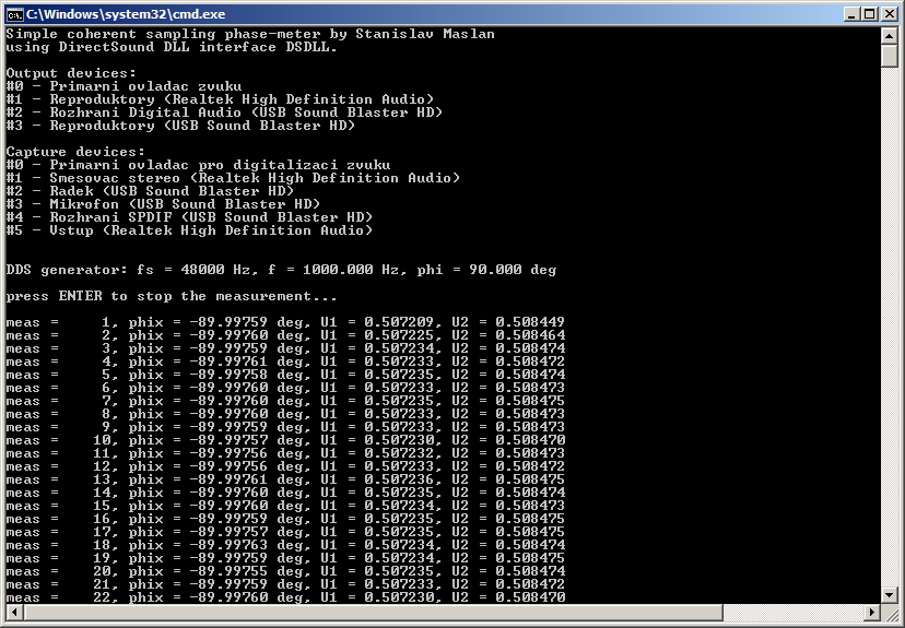 Pklad men fzovho posuvu pouitm utilitky 'dsrec.exe' a GNU Octave. f = 1 kHz.
